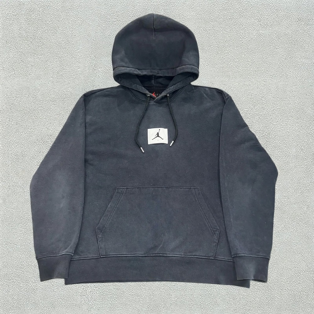 Jordan Air Hoodie Mens L Black Faded Jumpman Patch Cotton Fleece Pullover